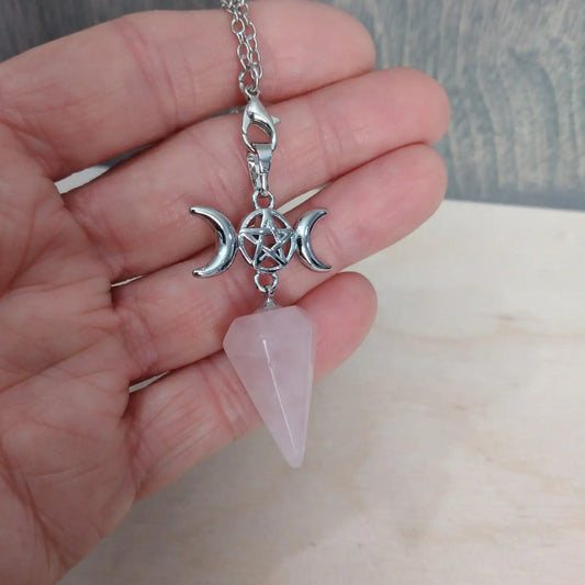 Mystical Healing Rose Quartz Triple Moon Gemstone Pendulum