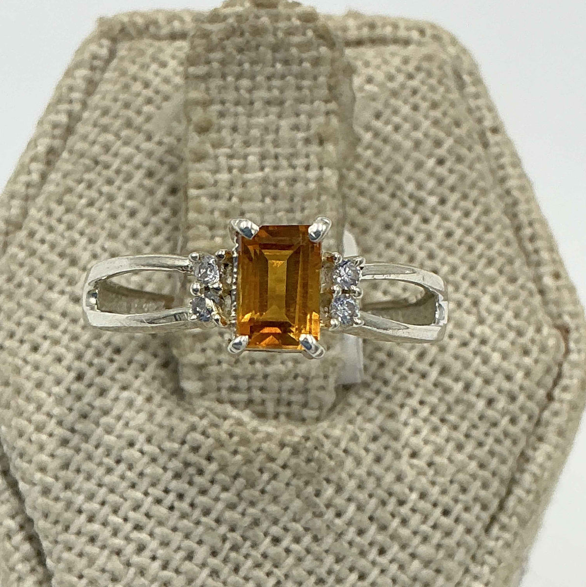 Sterling Silver Emerald-Cut Citrine Accent-Bar Ring – Size 7