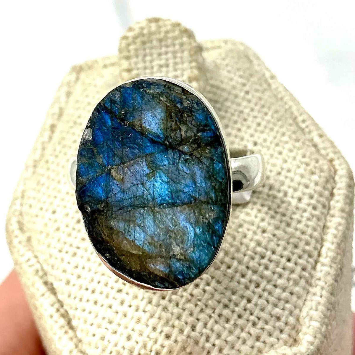 Sterling Silver Rough Oval Labradorite Ring – Size 8