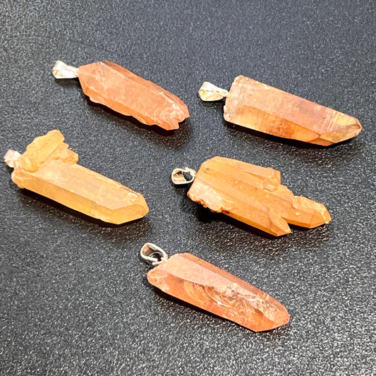 Tangerine Quartz Crystal Point Pendant (Silver Plated Bail) Gemstone Jewelry Necklace Supply