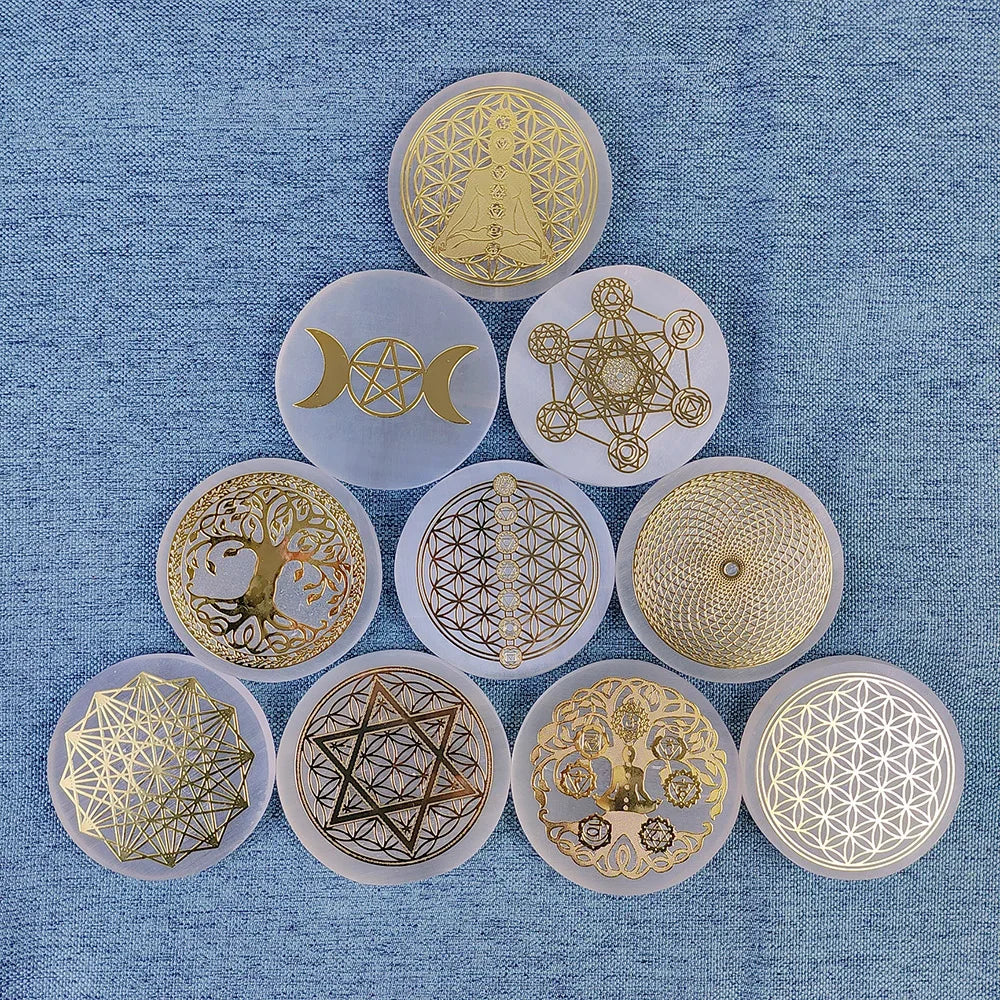Selenite Crystal Spiritual Gold Symbol Plates For Healing