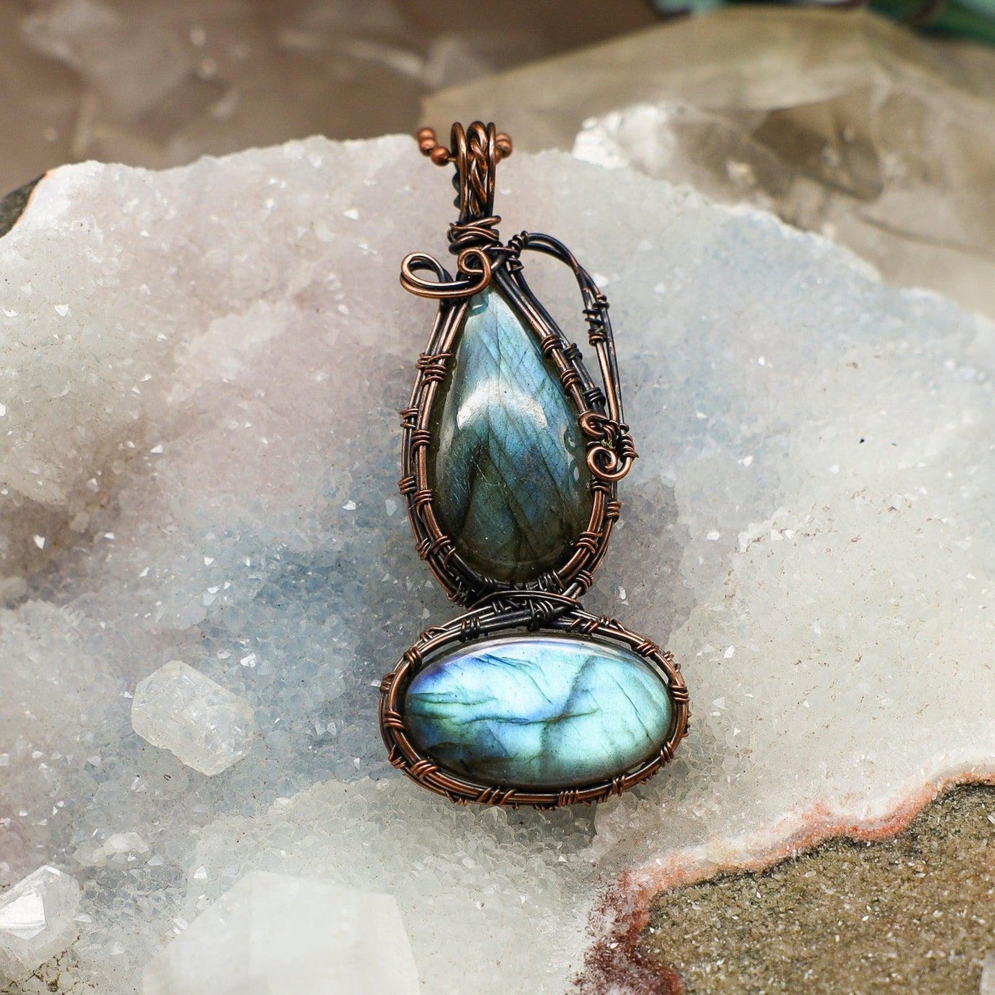 Dual Labradorite Wire Wrap Crystal Pendant - Double Flash