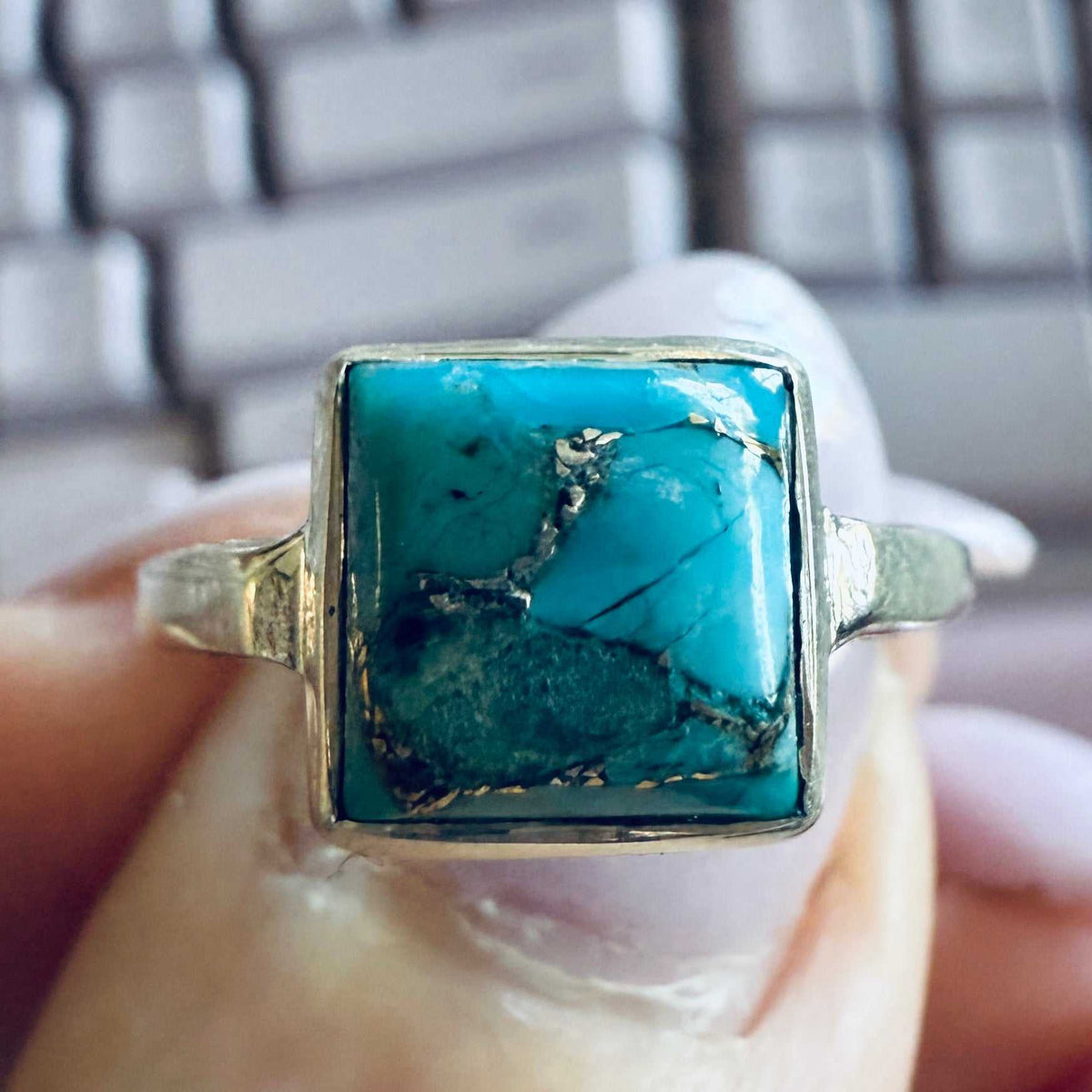 Square Turquoise Dual-Connection Sterling Silver Ring – Size 8