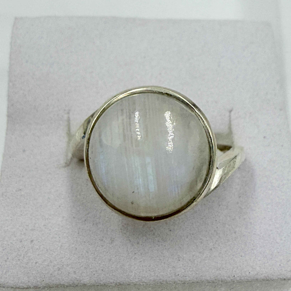Sterling Silver Rainbow Moonstone Round Bezel Ring – Size 7