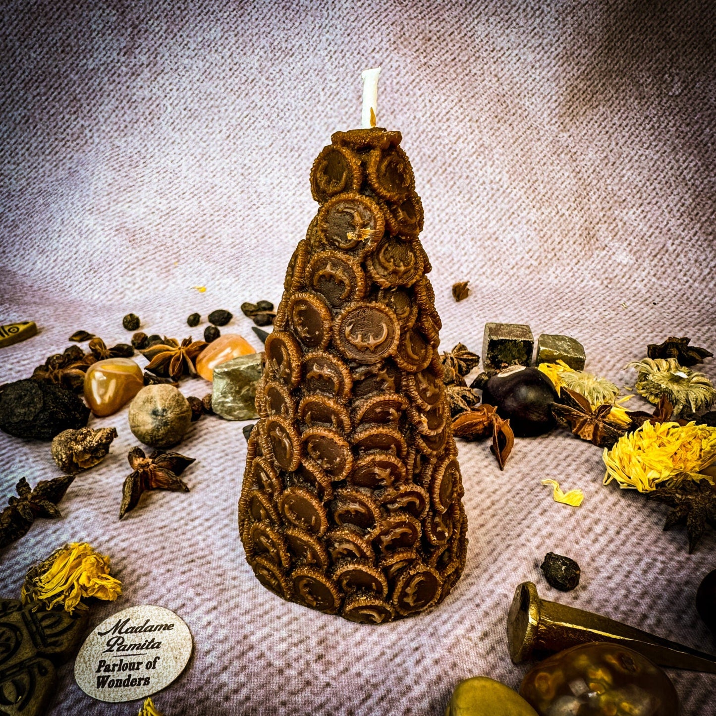 Beeswax Cone of Coins Spell Candle