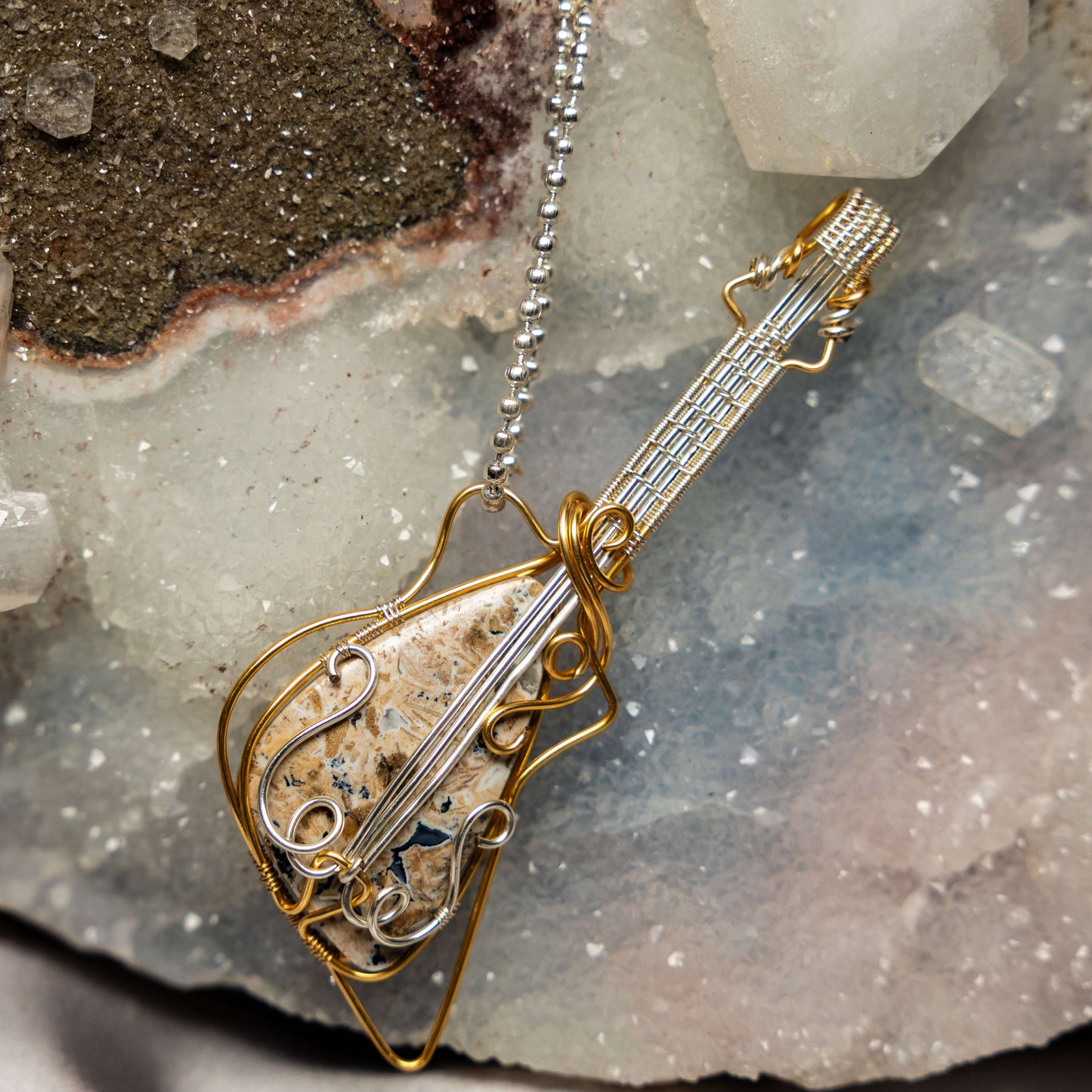 Rhyolite "Guitar" Wire Wrap Crystal Pendant