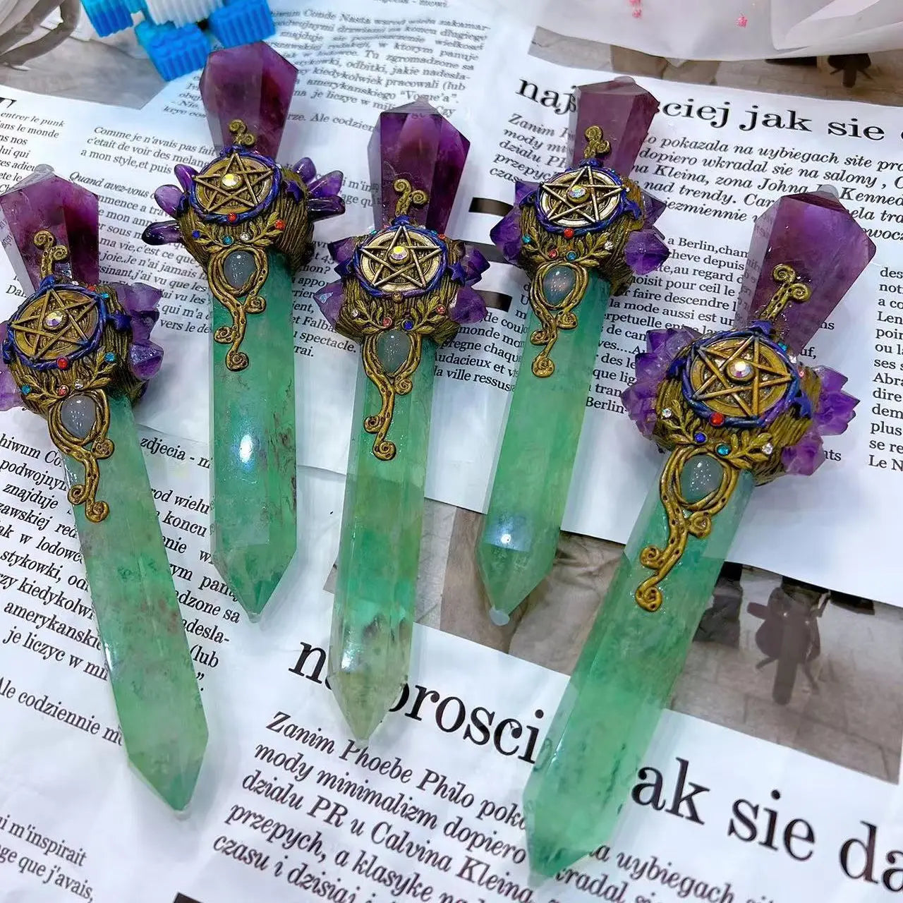 Green Fluorite And Amethyst Pentacle Witch Wand For Healing