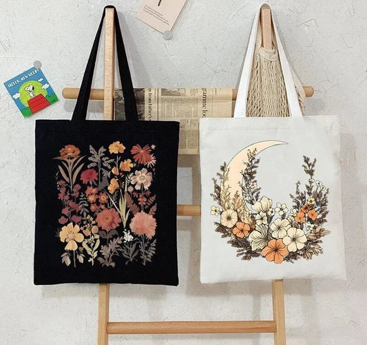 Large Capacity Witchy Floral Moon Canvas Tote Bags