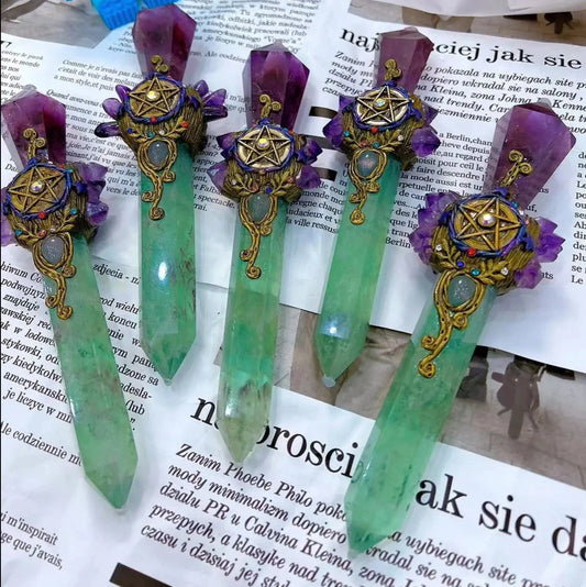 Green Fluorite And Amethyst Pentacle Witch Wand For Healing