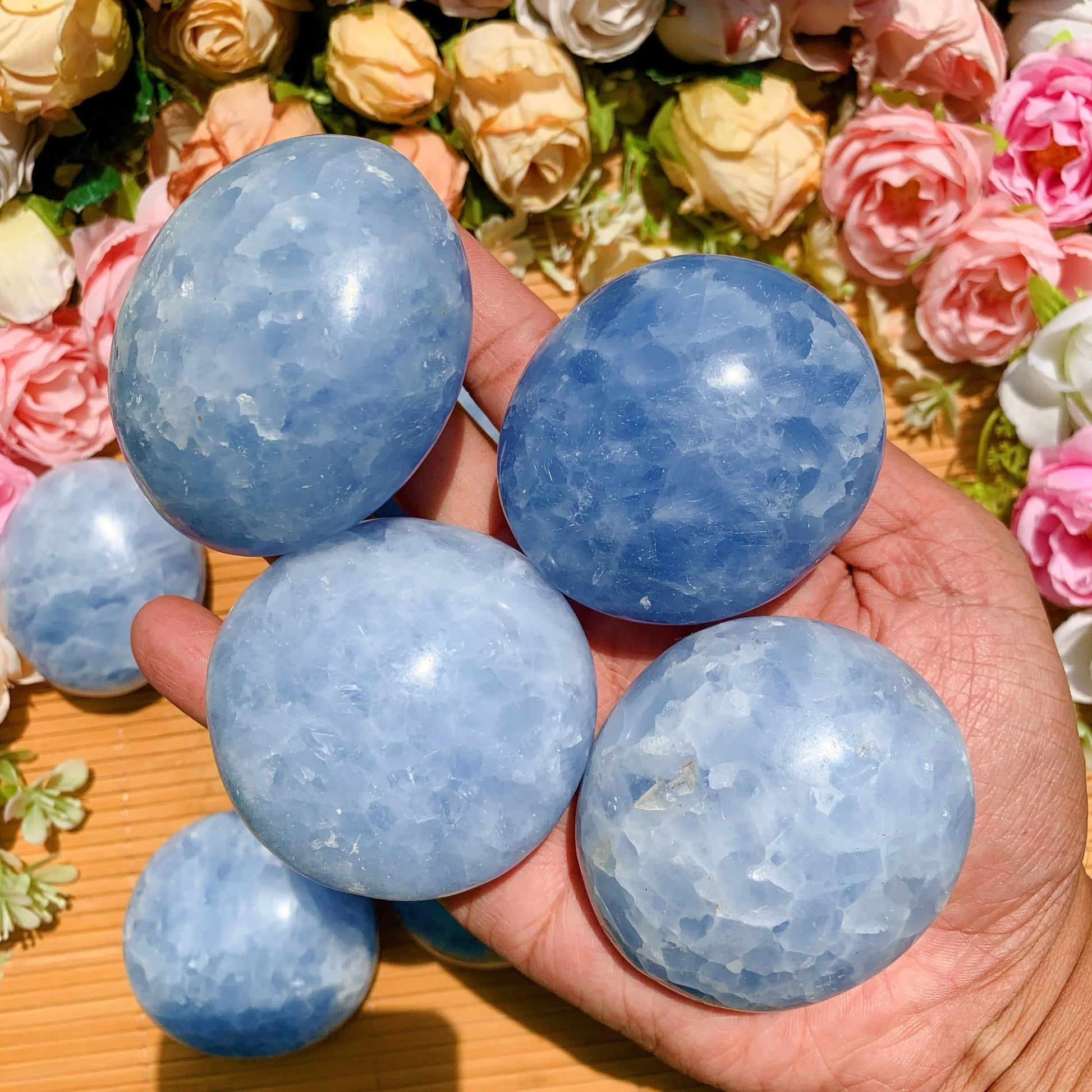 Celestite Healing Crystal Palm Stone For Stress Relief