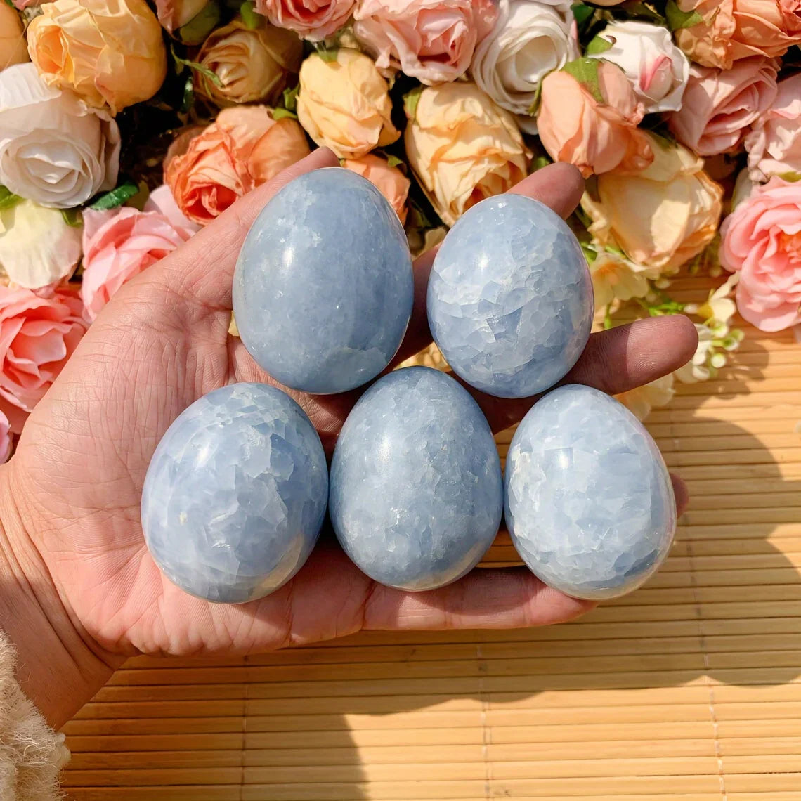 Celestite Healing Crystal Palm Stone For Stress Relief
