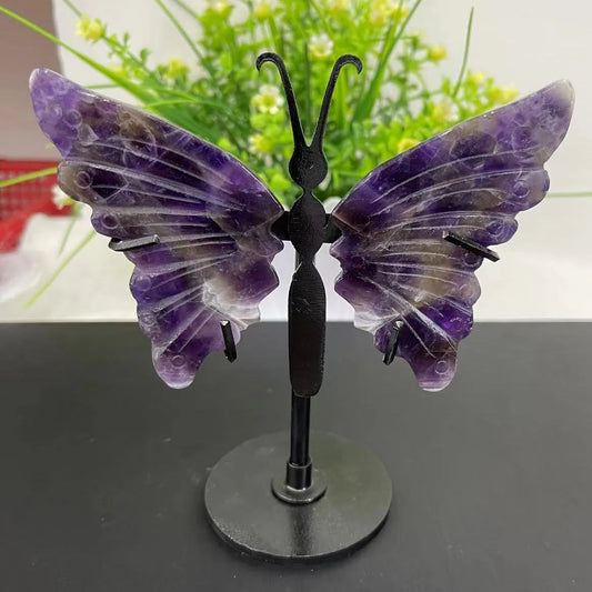 Crystal Butterfly Wings With Amethyst On Black Stand