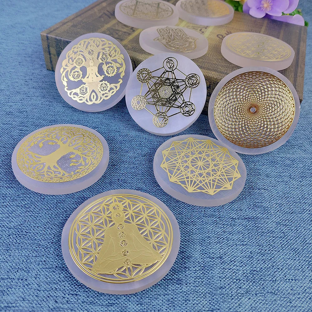 Selenite Crystal Spiritual Gold Symbol Plates For Healing