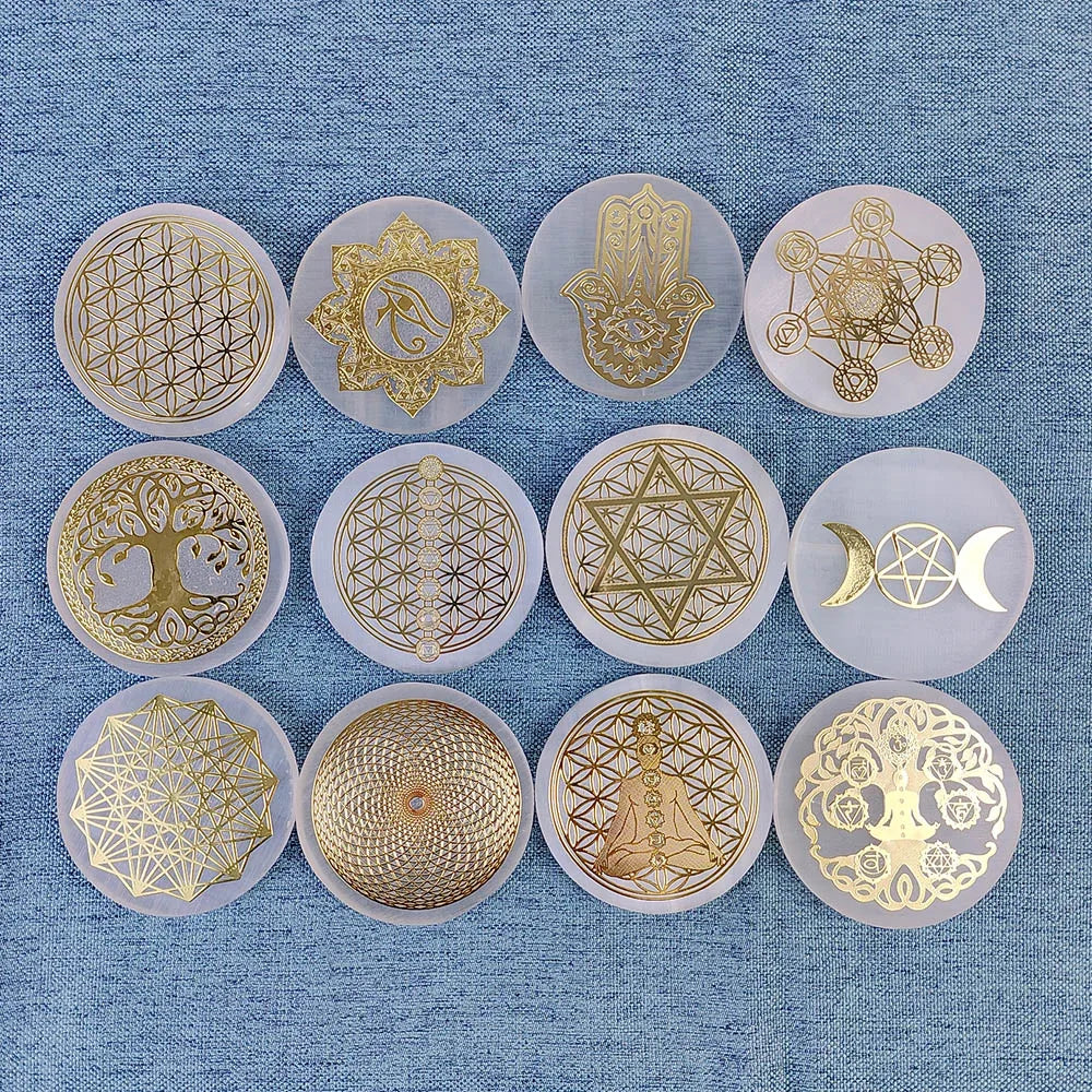 Selenite Crystal Spiritual Gold Symbol Plates For Healing