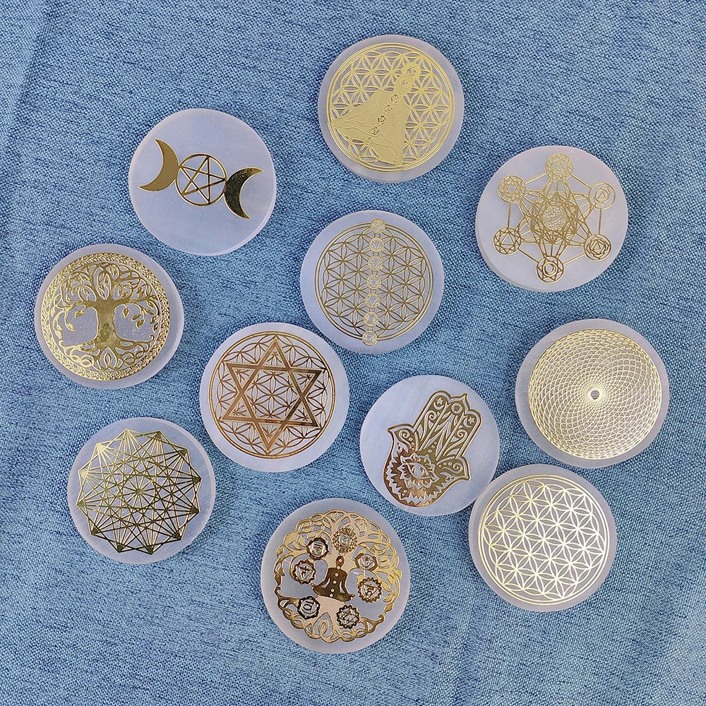 Selenite Crystal Spiritual Gold Symbol Plates For Healing