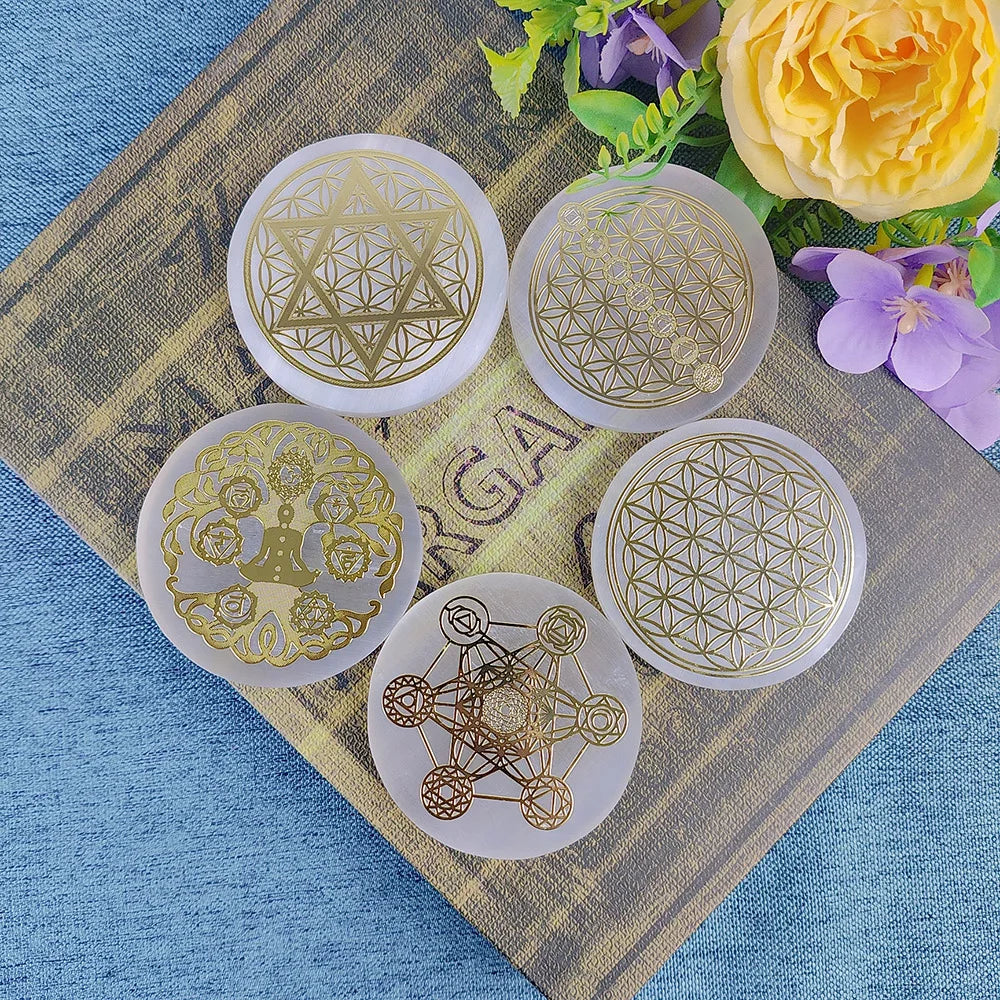 Selenite Crystal Spiritual Gold Symbol Plates For Healing