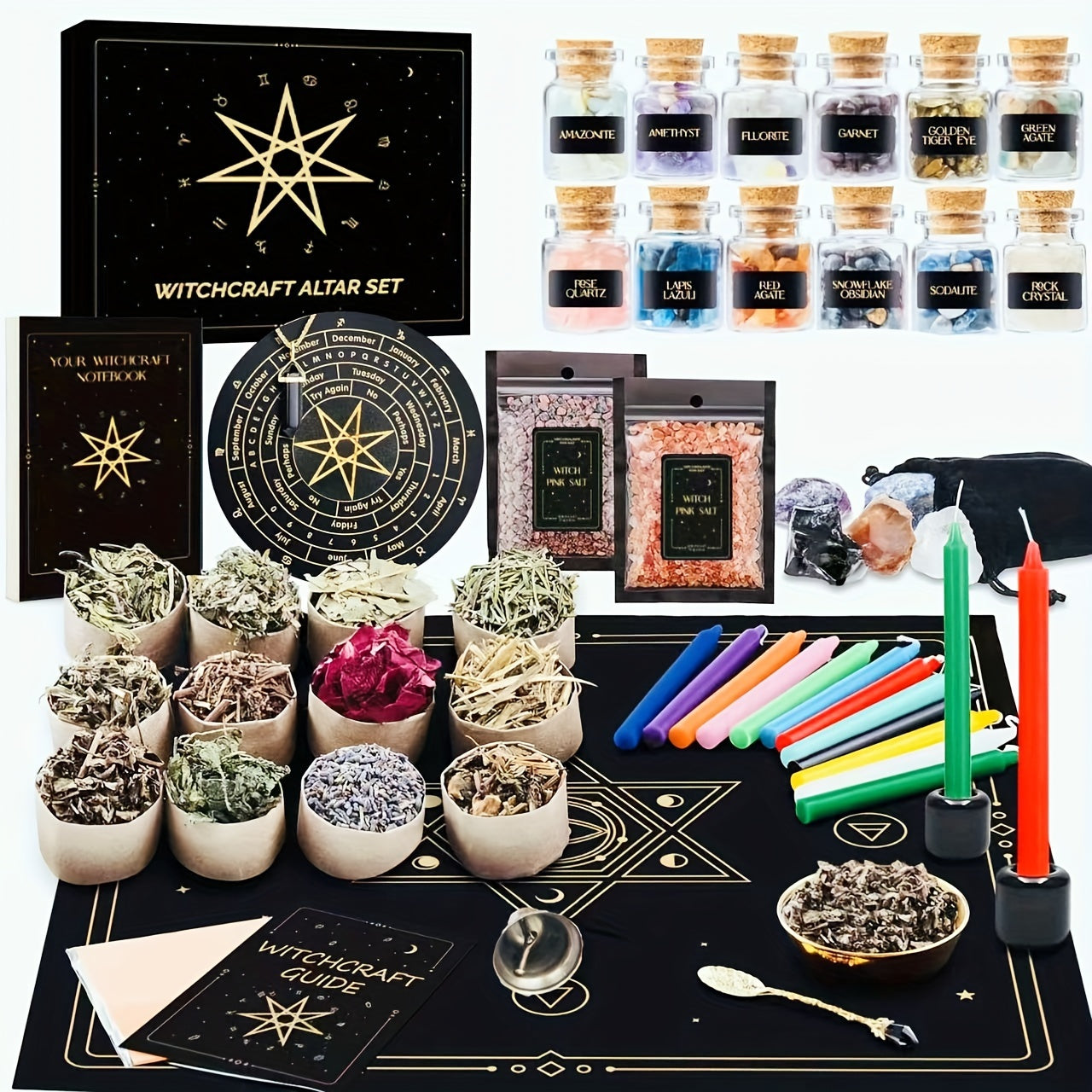 Witchcraft Altar Starter Kit with Healing Crystals and Herbs