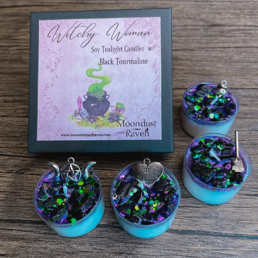Mystical Witchy Woman Tealight Crystal Candles Set