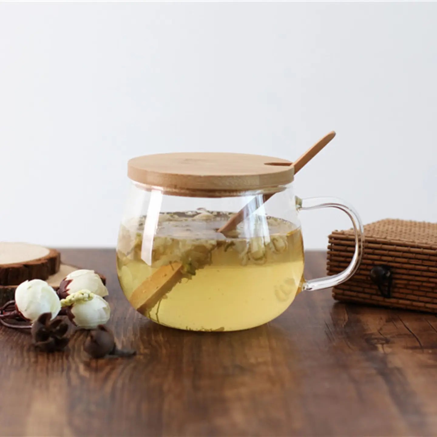 Borosilicate Glass Teacup With Bamboo Lid And Spoon, 11oz