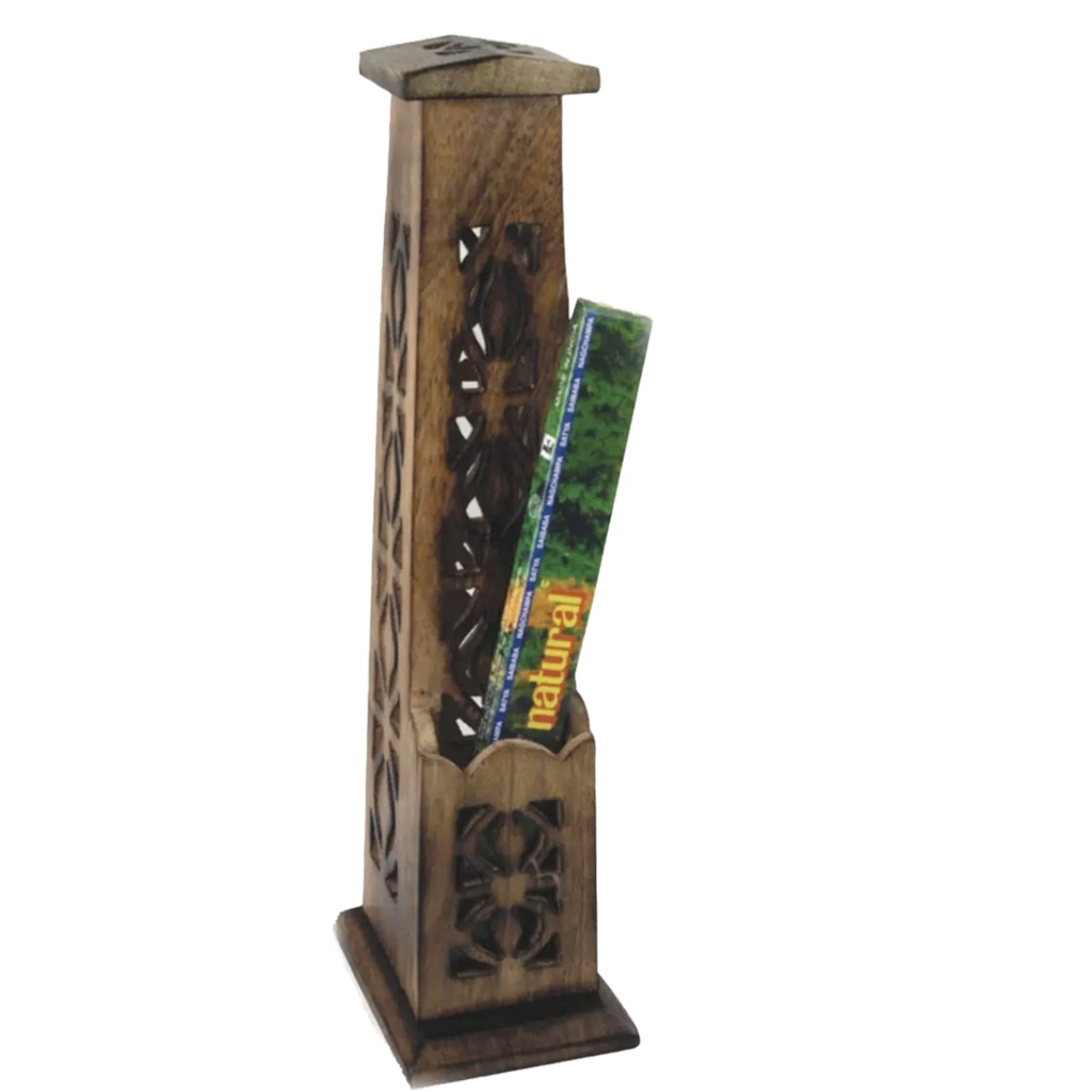 Hand-Carved 12-Inch Wooden Incense Burner Tower for Rituals