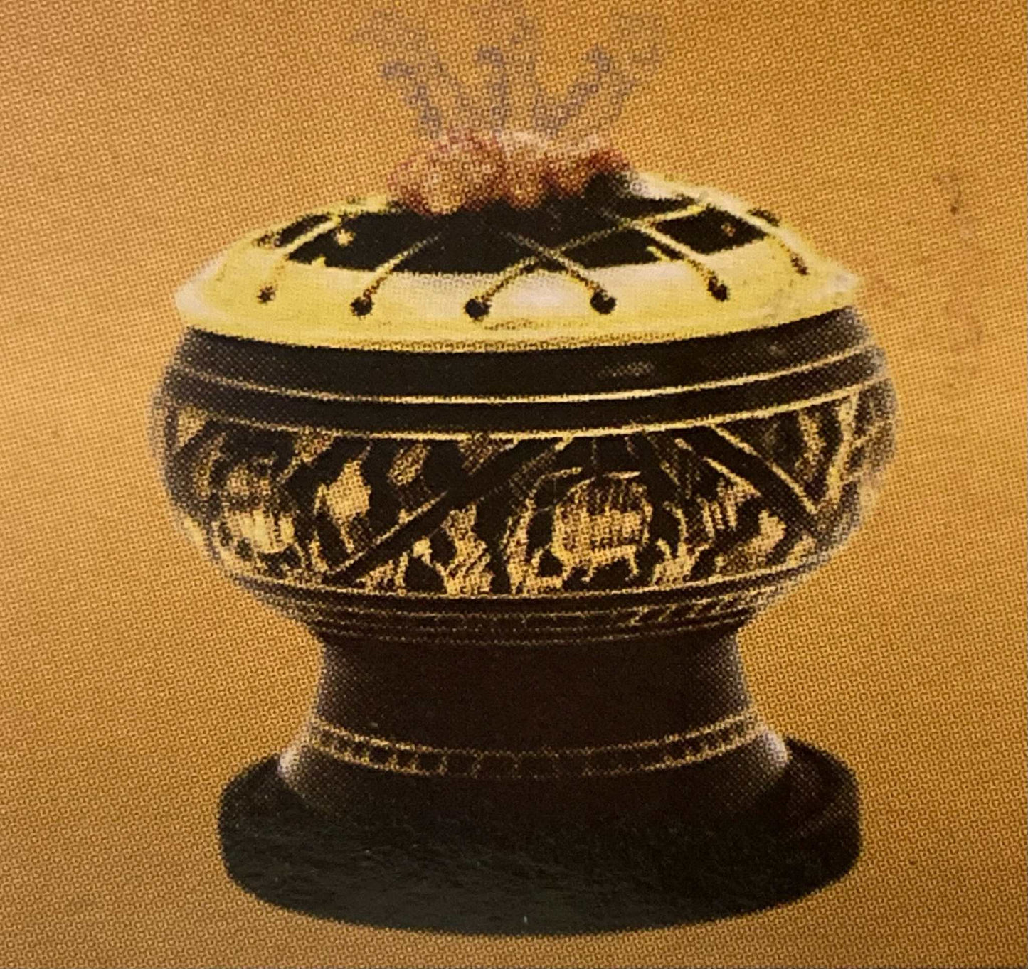 Black finish engraved Brass Screen Charcoal Burner with wood coaster