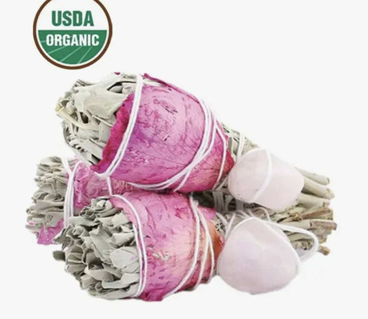 Healing Sage Smudge Stick With Rose Petals And Rose Quartz