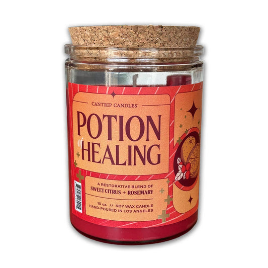 Cantrip Candles Healing Potion – 10 Oz Soy Candle with Citrus, Rosemary & Metallic D4