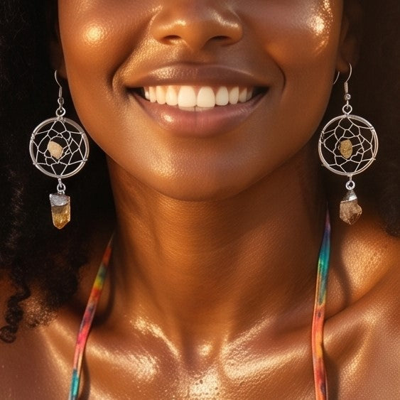 DreamCatcher Earrings Pair (Citrine Crystal)(Silver Plated)(Stainless Steel Hooks) Gemstone Jewelry Supply