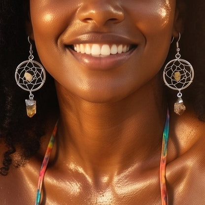 DreamCatcher Earrings Pair (Citrine Crystal)(Silver Plated)(Stainless Steel Hooks) Gemstone Jewelry Supply