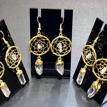 DreamCatcher Earrings Pair (Quartz Crystal)(Gold Plated)(Stainless Steel Hooks) Gemstone Jewelry Supply