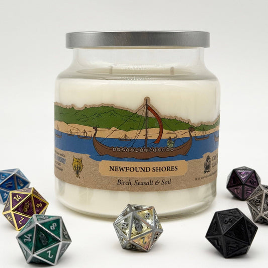 Cantrip Candles Newfound Shores – 16 Oz Soy Candle with Birch, Sea Salt, Soil & Hidden D20