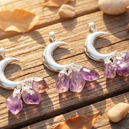 Amethyst Crystal Crescent Moon Pendant (Silver Plated)(3 Crystals) Gemstone Jewelry Necklace Supply