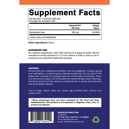 Pantothenic Acid vitamin B5 | 500mg per Serving