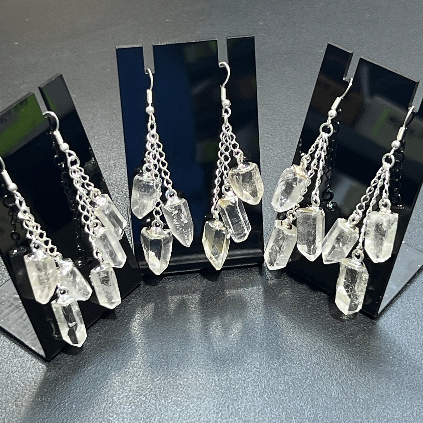 Quartz Crystal Long Earrings Pair (Silver Plated) Triple Dangle Jewelry