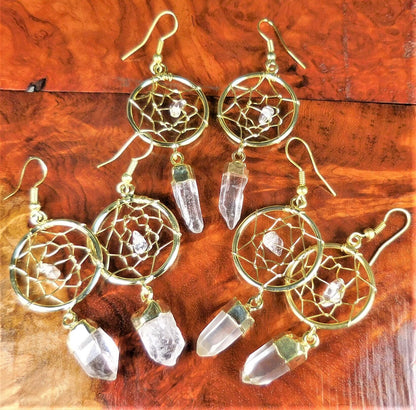 DreamCatcher Earrings Pair (Quartz Crystal)(Gold Plated)(Stainless Steel Hooks) Gemstone Jewelry Supply