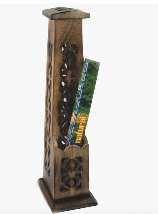 Hand-Carved 12-Inch Wooden Incense Burner Tower for Rituals