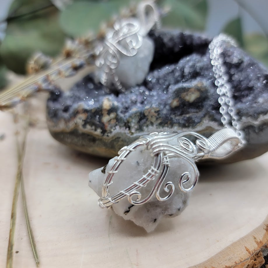 Wire-Wrapped Rainbow Moonstone Necklace