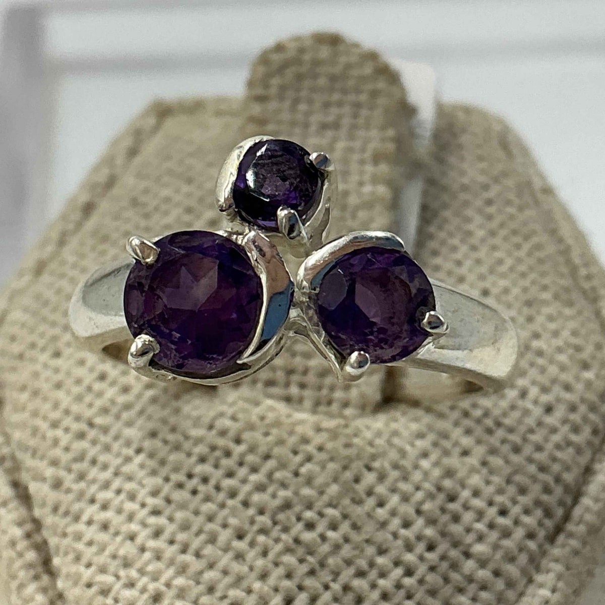 Sterling Silver Triple-Circle Amethyst Ring – Size 9