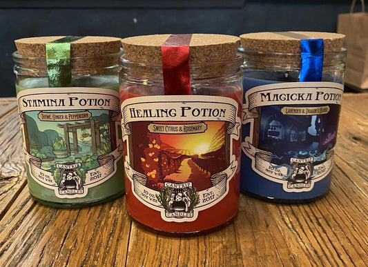 Cantrip Candles Potion Pack – Three 10 Oz Soy Candles: Magicka, Stamina & Healing