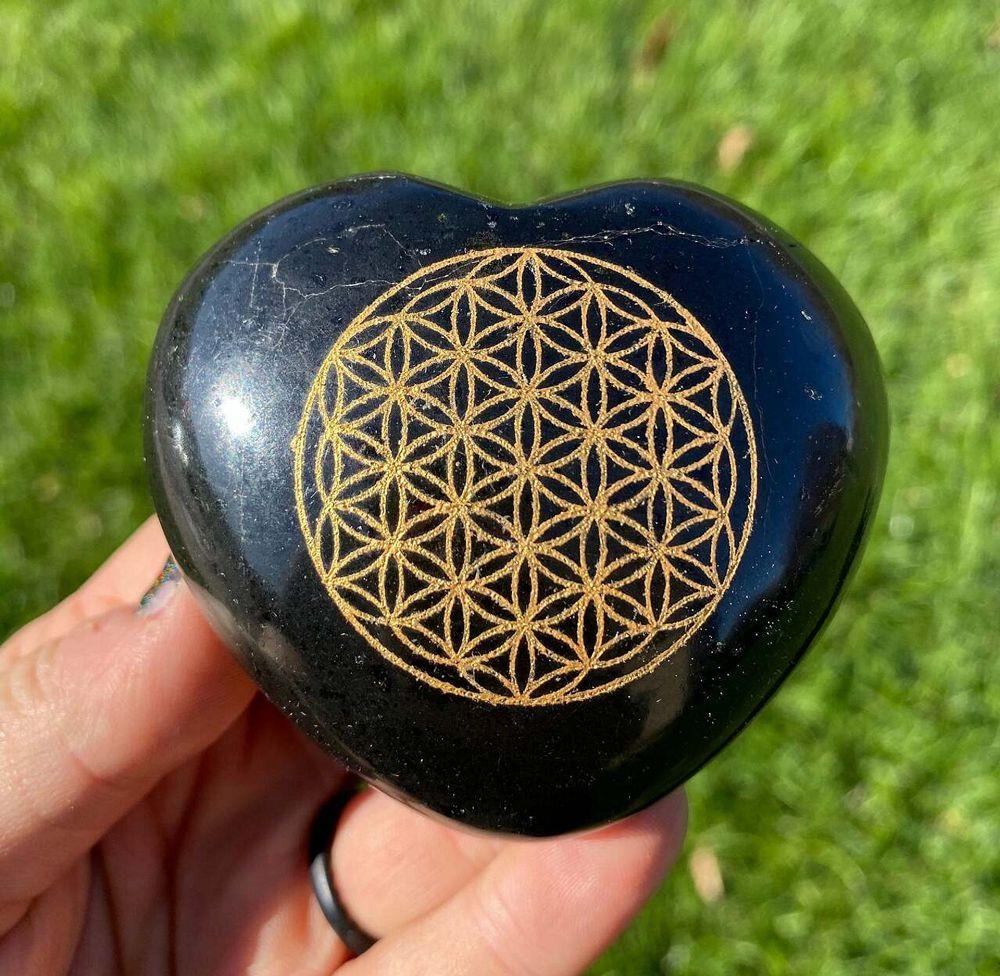 Black Tourmaline Heart - Flower of Life
