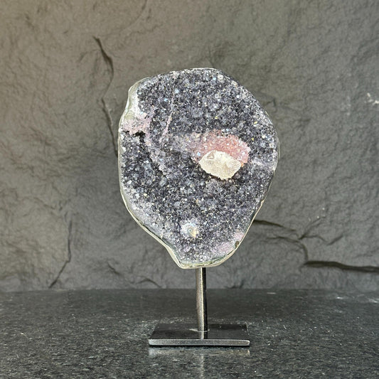 Uruguayan Amethyst with Pink & White Microcrystals on Stand – 3.6 lb, 8.5 Inches