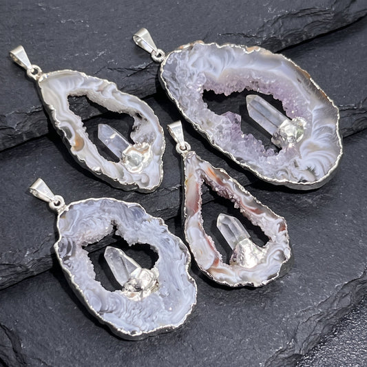 Oco Geode Druzy with Quartz Crystal Point Pendant (Silver Plated) Wholesale