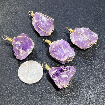 Amethyst Crystal Raw Pendant (Gold Plated Wire Wrapped) Rough Jewelry Necklace Supply