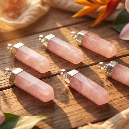 Pink Rose Quartz Crystal Point Pendant (Silver Plated) Faceted Gemstone Jewelry Necklace Supply
