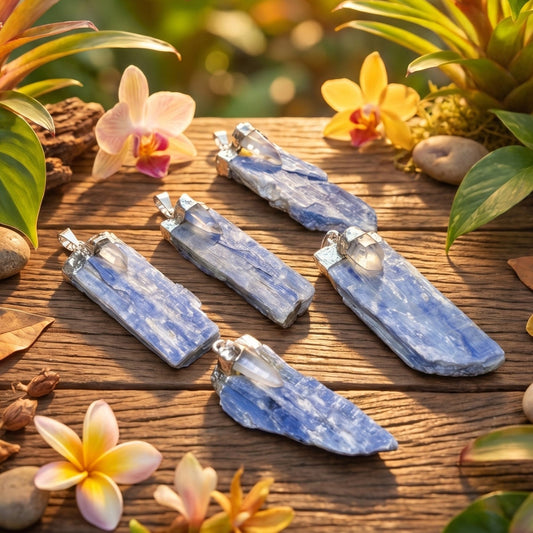 Kyanite and Quartz Crystal Pendant (Silver Plated) Blue Gemstone Jewelry Necklace Supply