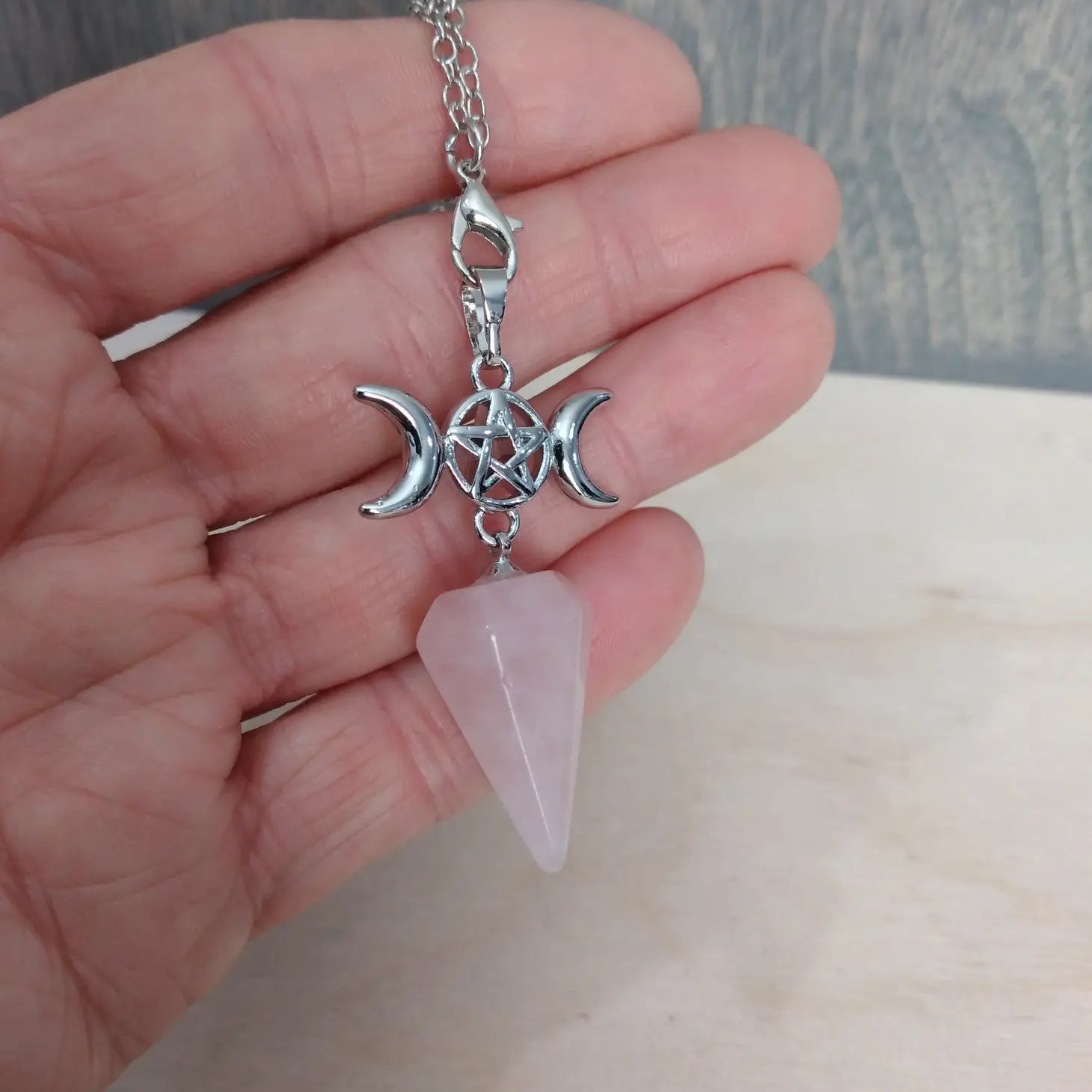 Mystical Healing Rose Quartz Triple Moon Gemstone Pendulum