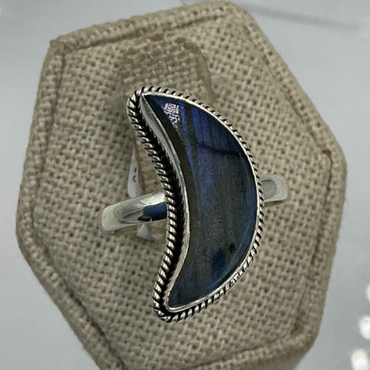 Sterling Silver Labradorite Crescent Moon Ring – Size 9