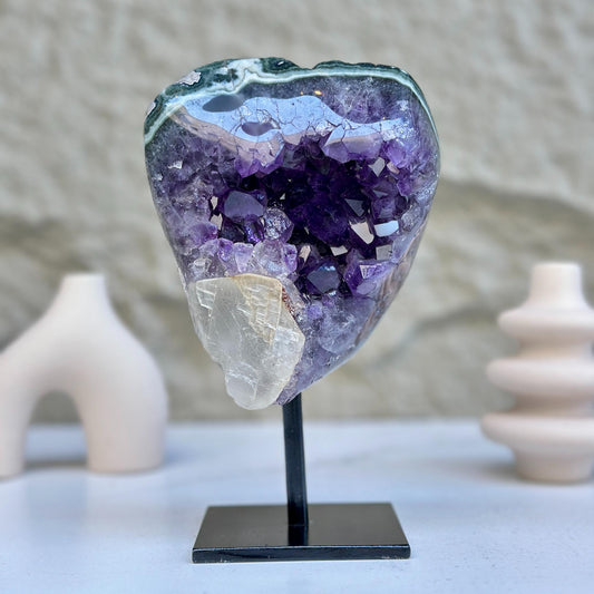 Uruguayan Amethyst Geode on Gold Metal Stand – 4.7 lb, 9 Inches