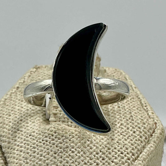 Sterling Silver Black Onyx Crescent Moon Ring – Size 10