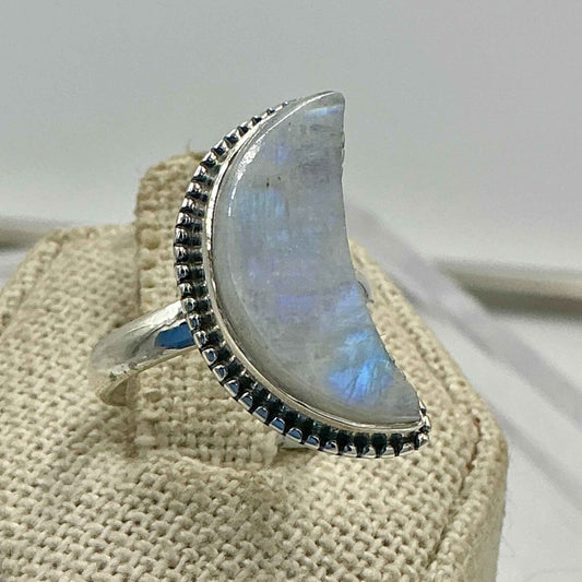 Sterling Silver Rainbow Moonstone Crescent Moon Ring – Size 6